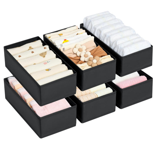 DIMJ Drawer Organizer Clothes - Underwear Organizer Small Sock Organizer Closet Organizers and Storage Box Dresser OrganizerDrawer Dividers for Baby ClothesBraSocks Belt Tie Set of 6Black