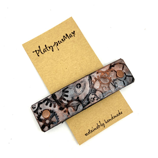 Copper & Silver Metallic Gears / Steampunk Stamped Leather Hair Barrette