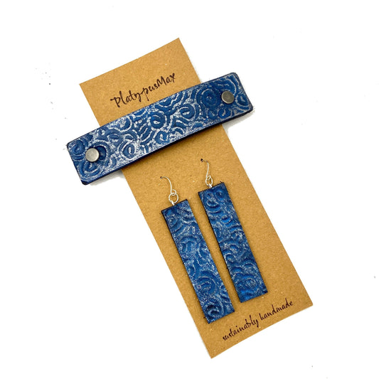 Blue & Silver Ocean Waves / Spirals Barrette and Earring Gift Set