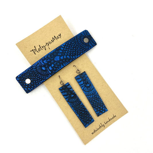 Cobalt Blue & Black Lace Texture Barrette and Earring Gift Set